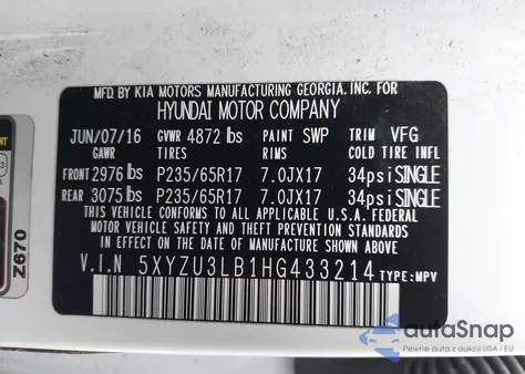 2017 Hyundai Santa Fe Sport 2.4L из США, поврежденный, VIN 5XYZU3LB1HG433214